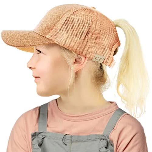 C.C Kids Messy Bun Ponytail Baseball Cap Glitter Rose Gold | Adjustable Sport Hat thumbnail 1