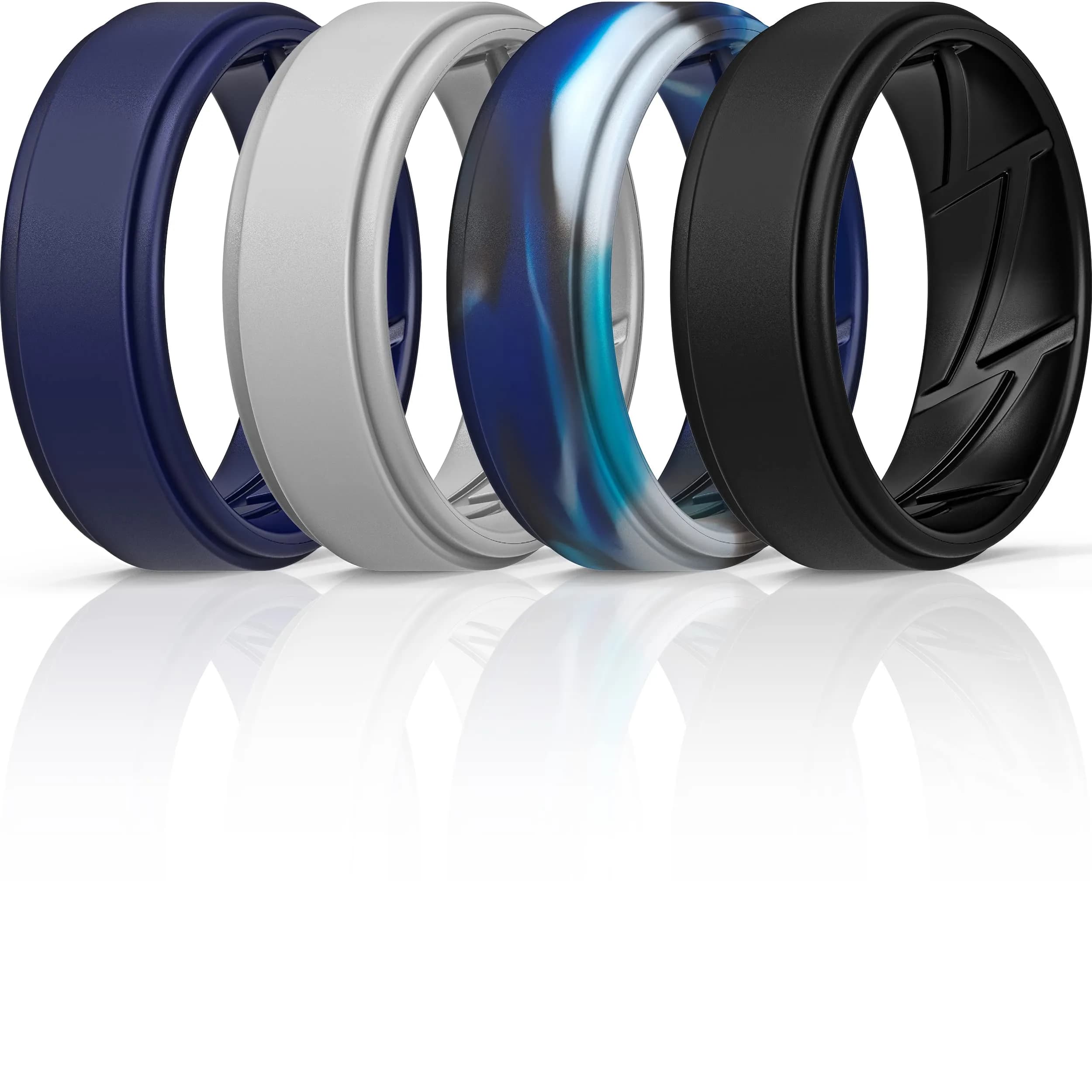 ThunderFit Silicone Wedding Rings for Men, Breathable Airflow Inner Grooves | Safe, Flexible, Hypoallergenic — Pack S: Charcoal Black, Stone Grey, Shadow Blue, Blue Camo