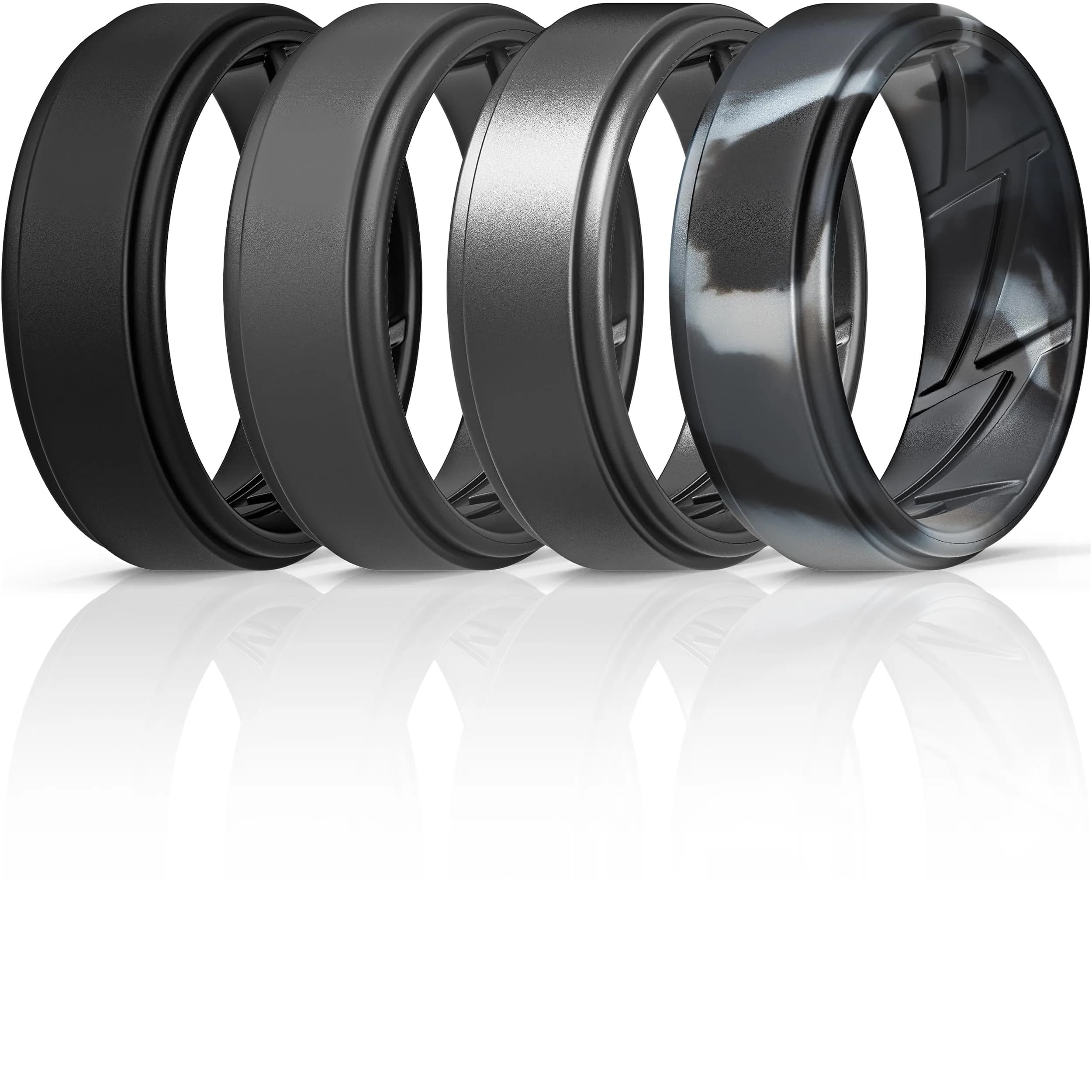 ThunderFit Silicone Wedding Rings for Men, Breathable Airflow Inner Grooves | Safe, Flexible & Durable (70-120 chars) — Pack A: Charcoal Black, Graphite Grey, Black Camo, Metallic Dark Onyx