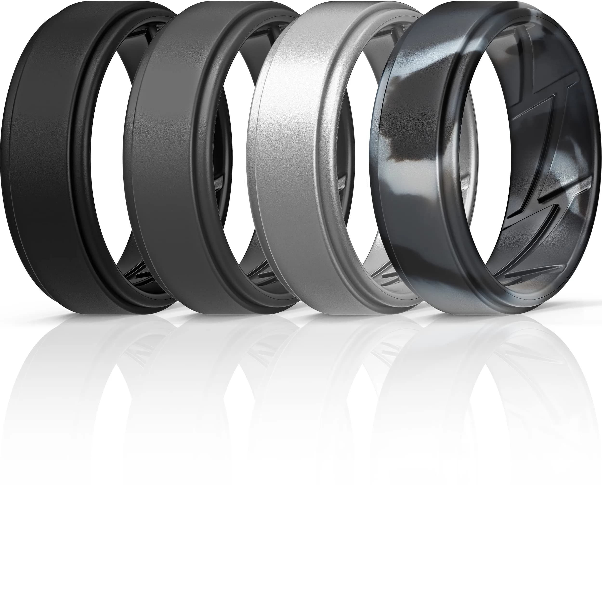 ThunderFit Silicone Wedding Rings for Men, Breathable Airflow Inner Grooves | Safe, Flexible & Durable (70-120 chars) — Pack F: Charcoal Black, Graphite Grey, Black Camo, Metallic Ice Silver / 6.5 - 7 (17.35mm)