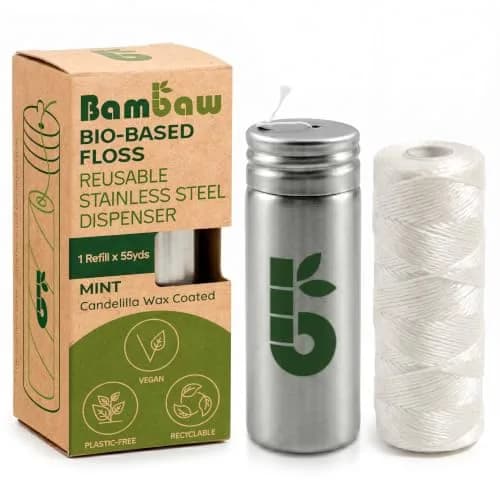 Bambaw Vegan Dental Floss with Stainless Steel Dispenser | 50 meters (165 ft) Mint Tape | Refillable Zero Waste thumbnail 1