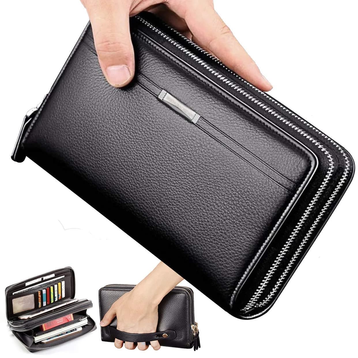 Valentoria Men's Large Clutch Wallet Purse 21cm (8.27") | Business Travel Hand Bag with Zipper for Phone & Cards — Black