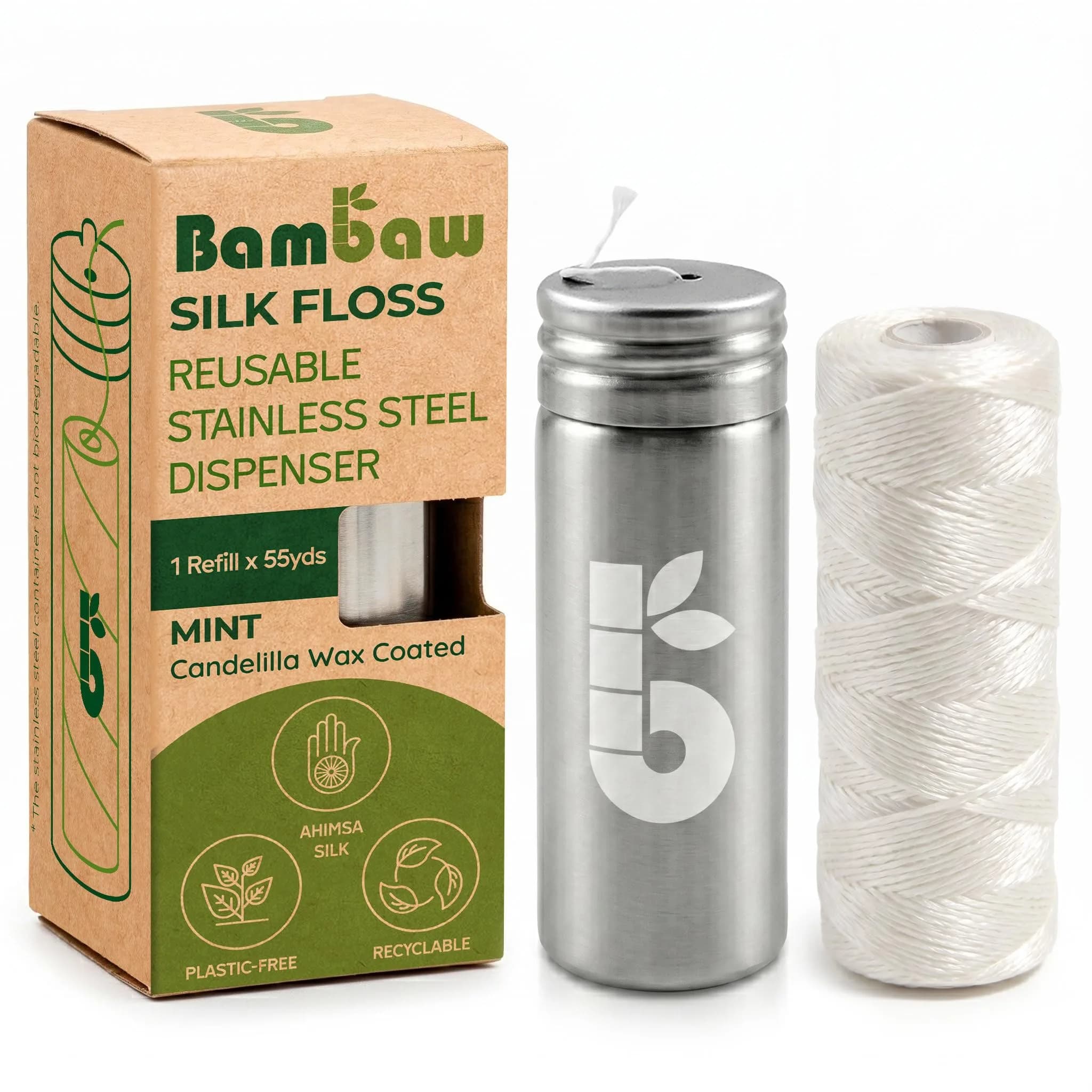 Bambaw Natural Silk Dental Floss Mint 55 yd (165 ft) | Biodegradable Eco Floss with Stainless Steel Dispenser - main product image