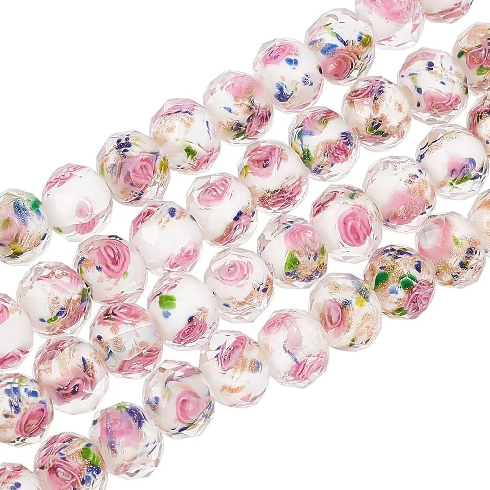 PH PandaHall Gold Sand Lampwork Beads 8mm (0.31 inch) Round Glass | Handmade with Flowing Flower Patterns — White