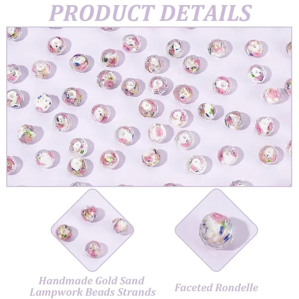 PH PandaHall 60pcs 9-10mm Rose Lampwork Beads | Gold Sand Glass Beads for Jewelry Making - view 4