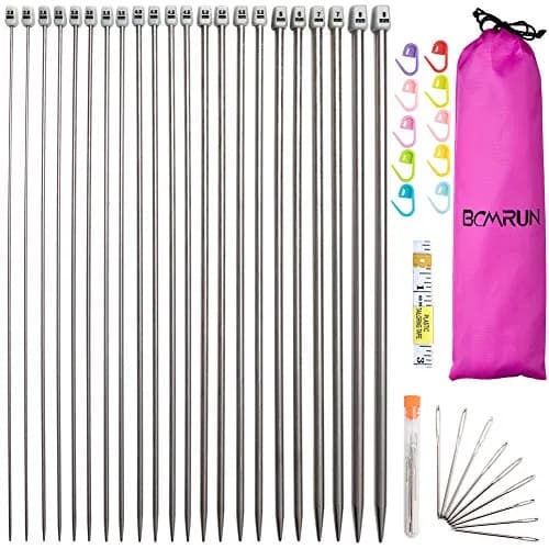 BCMRUN Straight Knitting Needle Set 36cm (14.1 inch) | 11 Sizes 2mm-8mm Stainless Steel with Stitch Markers & Tape thumbnail 1
