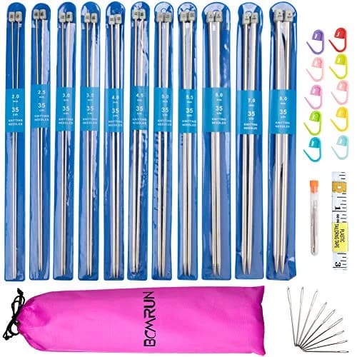 BCMRUN Straight Knitting Needle Set 36cm (14.1 inch) | 11 Sizes 2mm-8mm Stainless Steel with Stitch Markers & Tape thumbnail 2