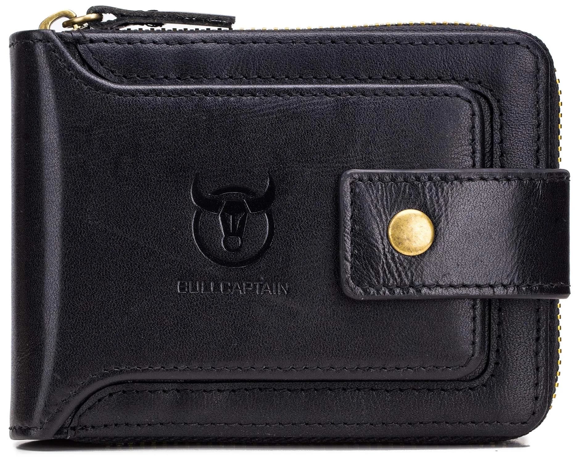 BULLCAPTAIN Genuine Leather Zipper Wallet RFID Blocking Bi-Fold | Durable Cowhide, 9 Card Slots, Zip Around (black) — black