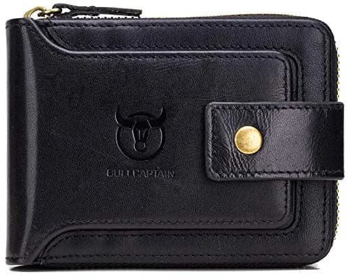 BULLCAPTAIN Genuine Leather Zipper Wallet RFID Blocking Bi-Fold | Durable Cowhide, 9 Card Slots, Zip Around (black) thumbnail 1