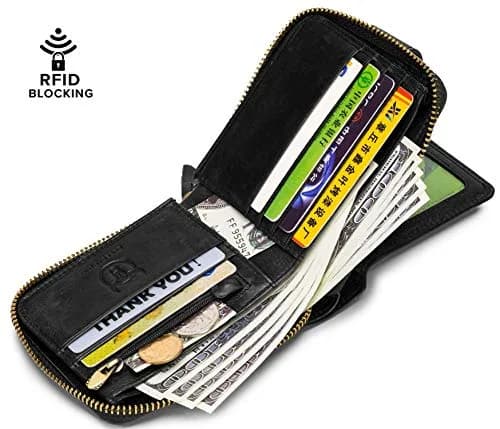 BULLCAPTAIN Genuine Leather Zipper Wallet RFID Blocking Bi-Fold | Durable Cowhide, 9 Card Slots, Zip Around (black) thumbnail 4