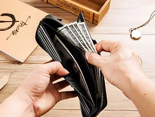 BULLCAPTAIN Genuine Leather Zipper Wallet RFID Blocking Bi-Fold | Durable Cowhide, 9 Card Slots, Zip Around (black) thumbnail 5