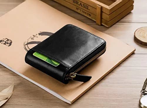 BULLCAPTAIN Genuine Leather Zipper Wallet RFID Blocking Bi-Fold | Durable Cowhide, 9 Card Slots, Zip Around (black) thumbnail 6