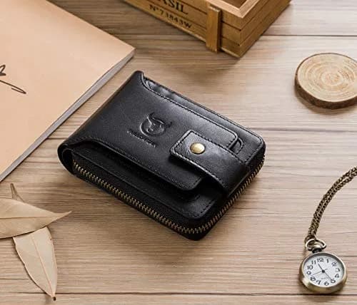 BULLCAPTAIN Genuine Leather Zipper Wallet RFID Blocking Bi-Fold | Durable Cowhide, 9 Card Slots, Zip Around (black) thumbnail 7