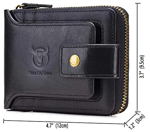 BULLCAPTAIN Genuine Leather Zipper Wallet RFID Blocking Bi-Fold | Durable Cowhide, 9 Card Slots, Zip Around (black) thumbnail 2