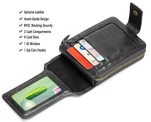 BULLCAPTAIN Genuine Leather Zipper Wallet RFID Blocking Bi-Fold | Durable Cowhide, 9 Card Slots, Zip Around (black) thumbnail 3