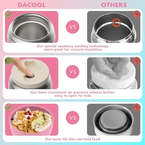 DaCool Insulated Food Jar 16 oz | Leak-Proof Vacuum Stainless Steel Kids & Adults Pink thumbnail 4