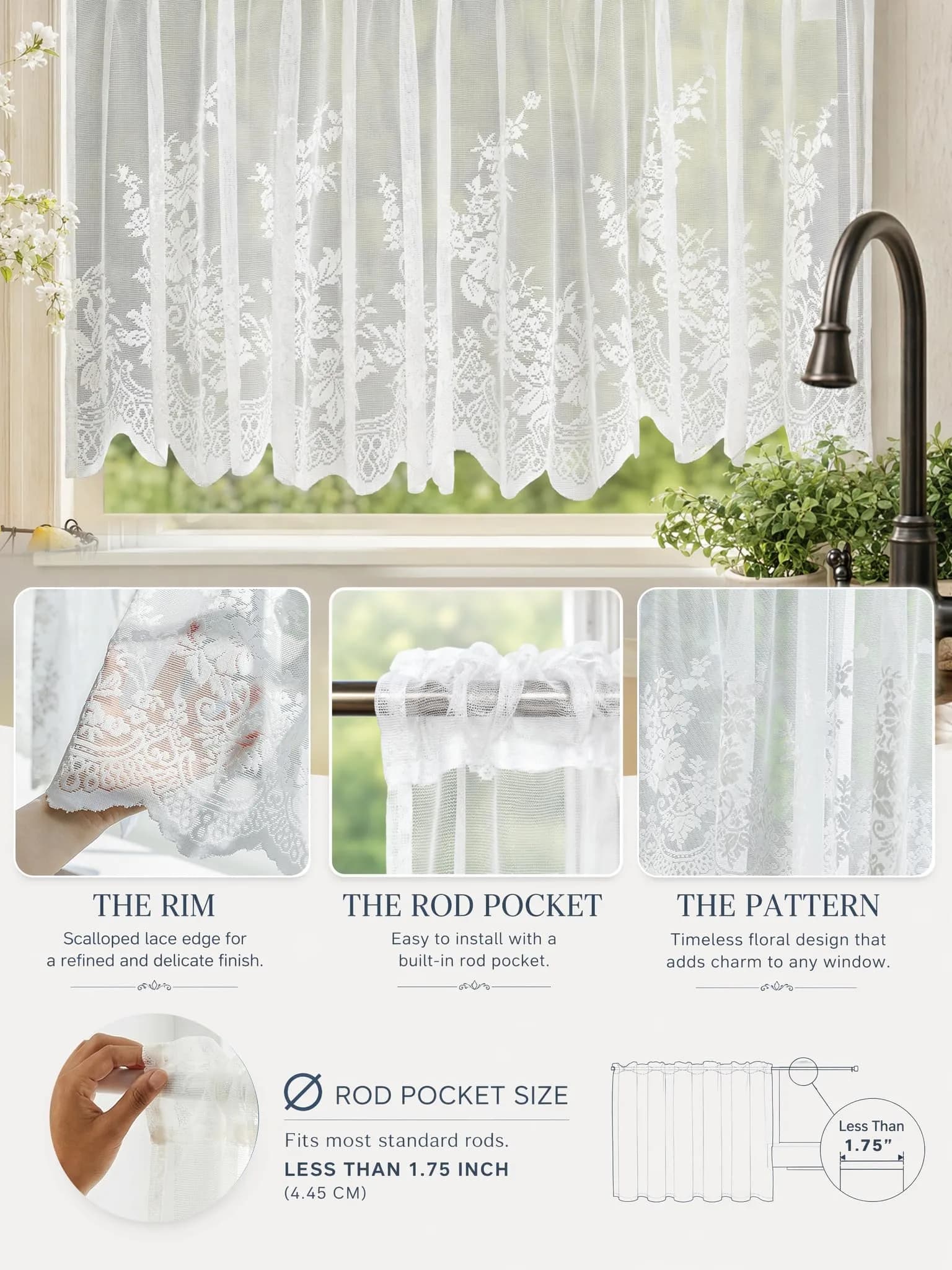 Molaxhome White Lace Valance Curtains 130cm (51") x 40cm (16") | Floral Embroidered Semi Sheer Window Topper - view 5