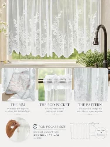 Molaxhome White Lace Valance Curtains 130cm (51") x 40cm (16") | Floral Embroidered Semi Sheer Window Topper thumbnail 5