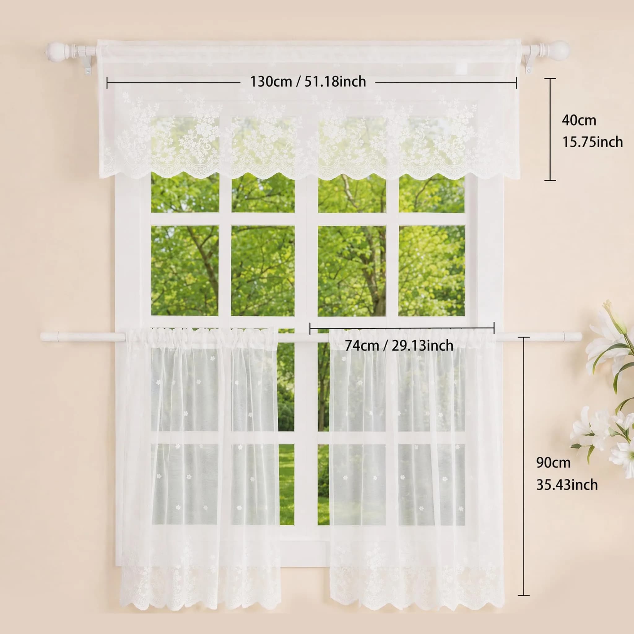 Molaxhome White Lace Valance Curtains 130cm (51") x 40cm (16") | Floral Embroidered Semi Sheer Window Topper - view 2