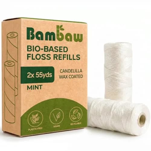 Bambaw Vegan Refill Dental Floss Mint | 165 Foot (50m x 2) | Plastic Free Dental Tape thumbnail 1