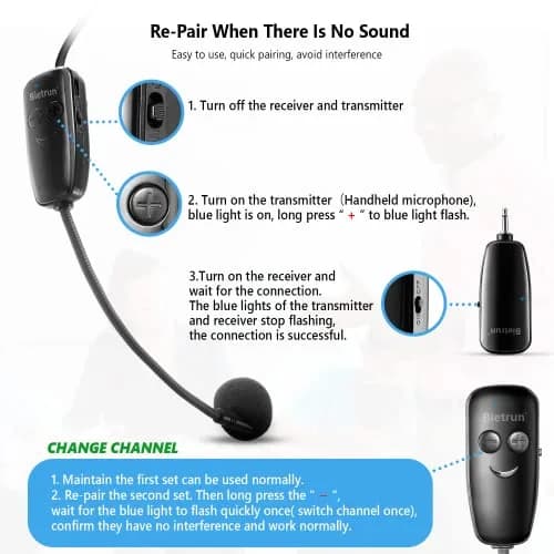 Bietrun UHF Wireless Headset Microphone System with 160ft Range & Dual Connectors | Rechargeable 6-Hour Battery thumbnail 6