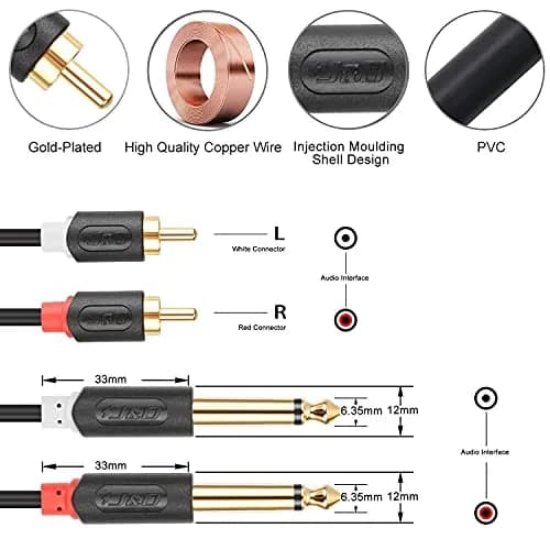 J&D Dual 1/4 inch TS to Dual RCA Stereo Audio Interconnect Cable, 0.91 m (3 Feet) | Gold Plated Connectors for Minimal Signal Loss thumbnail 2