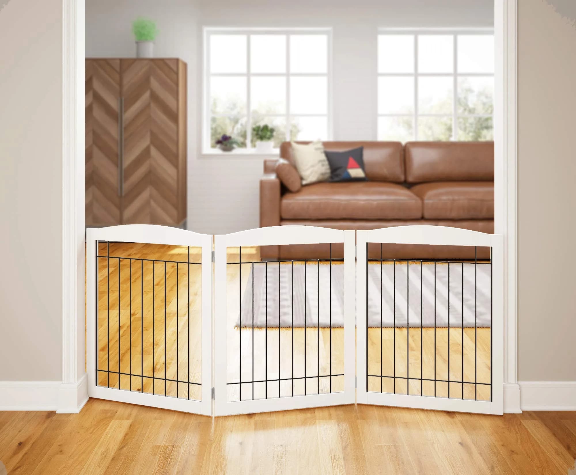PAWLAND Dog Gate Indoor with Door, Freestanding, Foldable, 144" Wide, 30" H | Versatile Wooden Pet Barrier for All Breeds — White / (3 Panels)72"W x 32"H