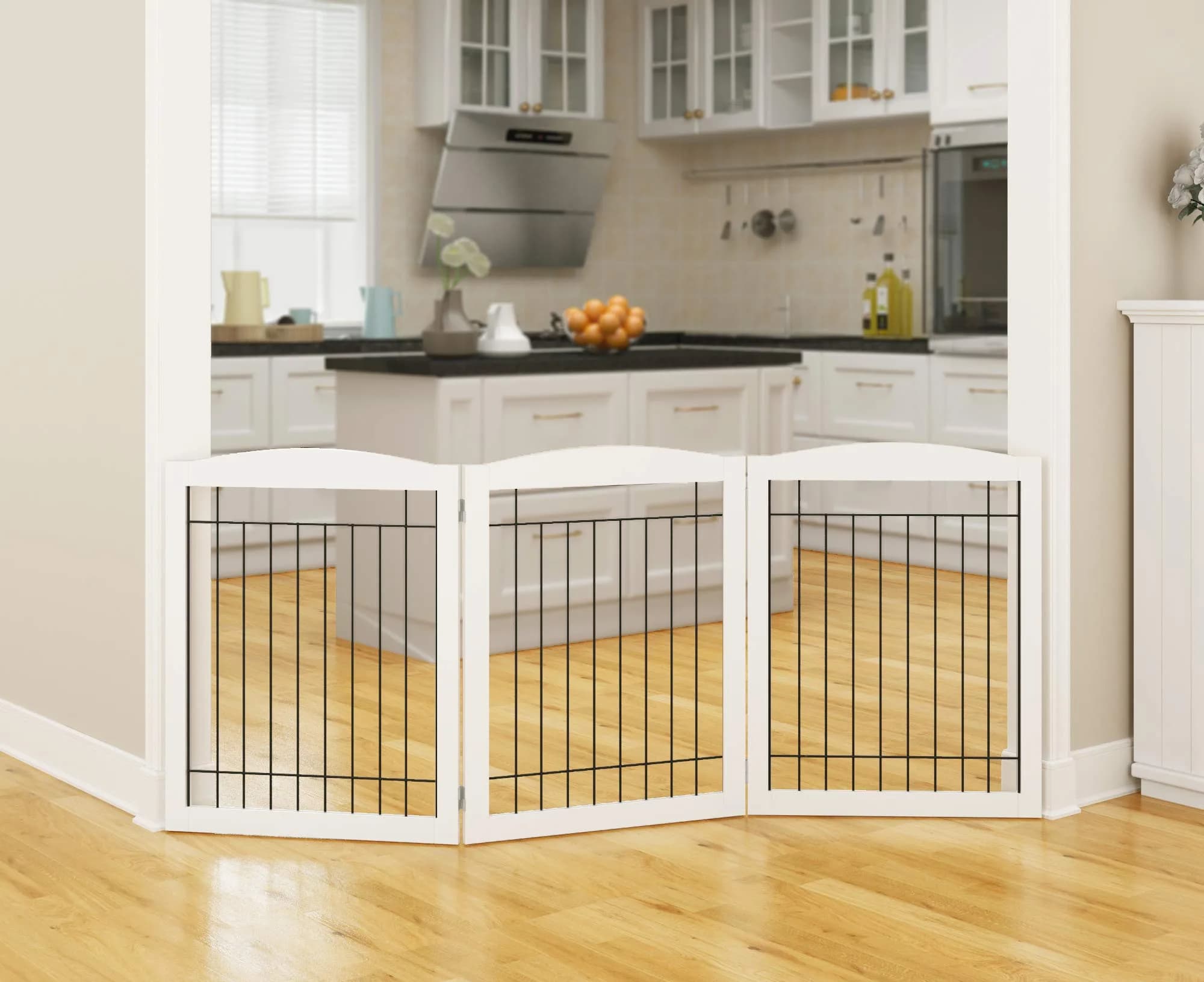 PAWLAND Extra Wide Dog Gate for The House | Foldable Wooden Pet Fence, 30" Height, 3 Panels, White thumbnail 7