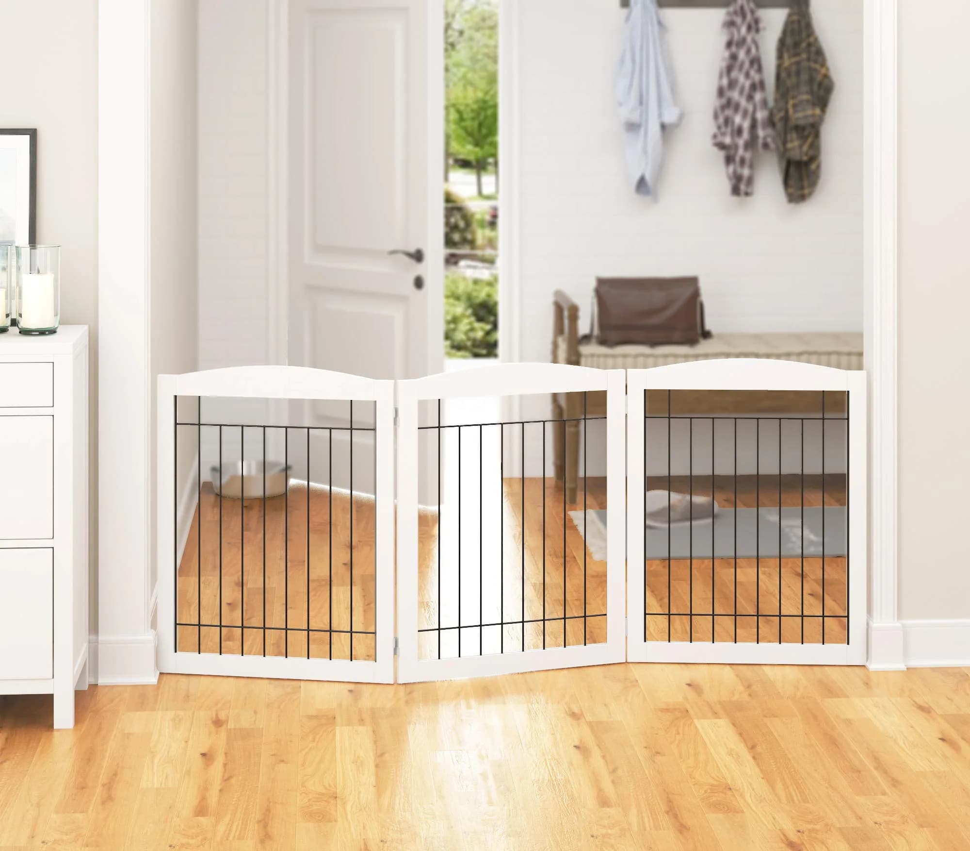 PAWLAND Extra Wide Dog Gate for The House | Foldable Wooden Pet Fence, 30" Height, 3 Panels, White thumbnail 8