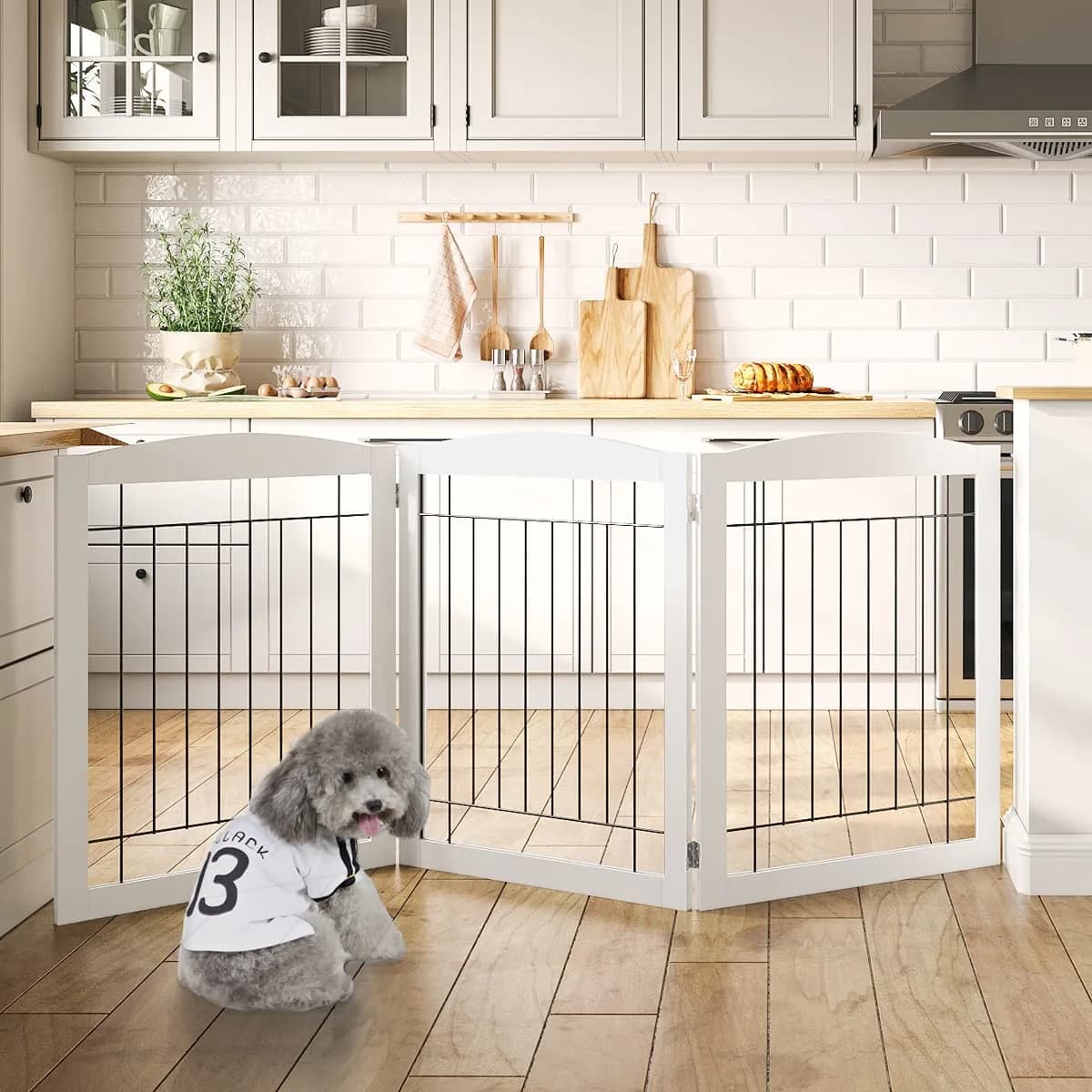 PAWLAND Extra Wide Dog Gate for The House | Foldable Wooden Pet Fence, 30" Height, 3 Panels, White thumbnail 2