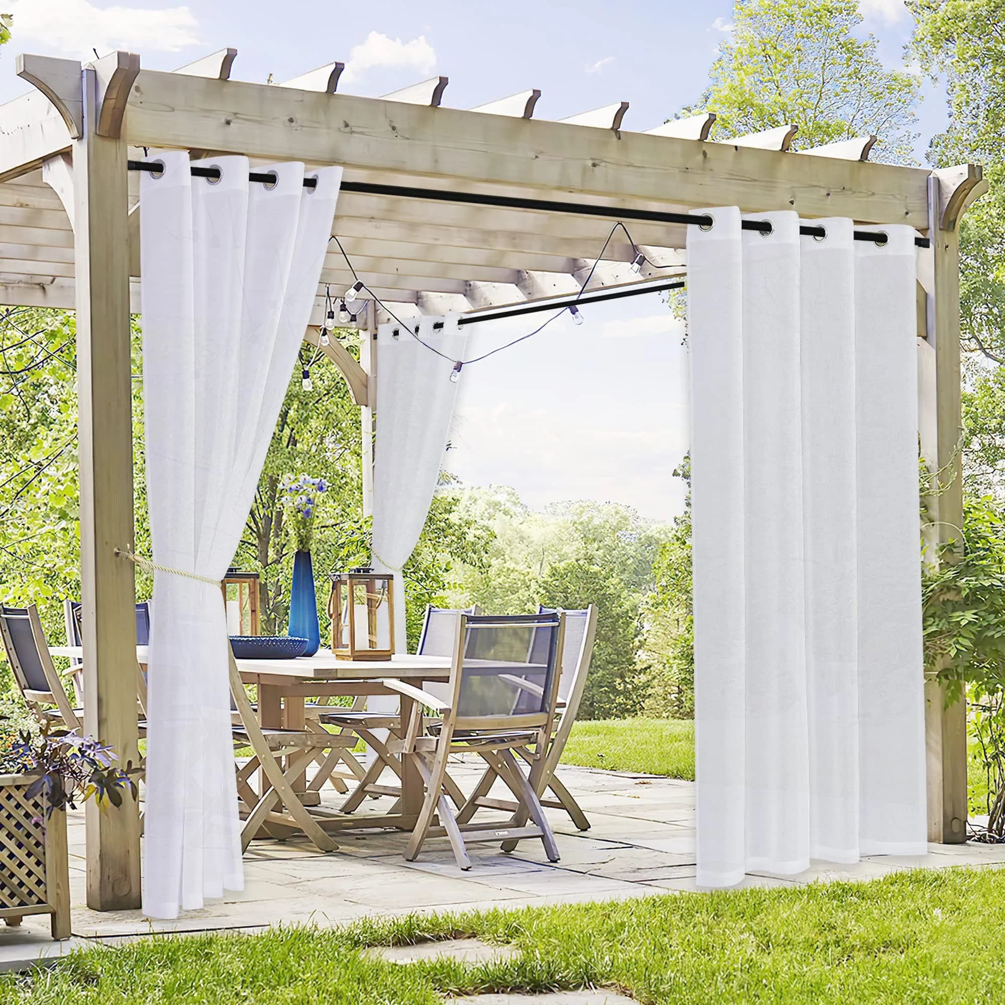 RYB HOME 2 Panels Pergola Sheer Outdoor Curtains for Patio Waterproof | Linen Look & Semi-Transparent