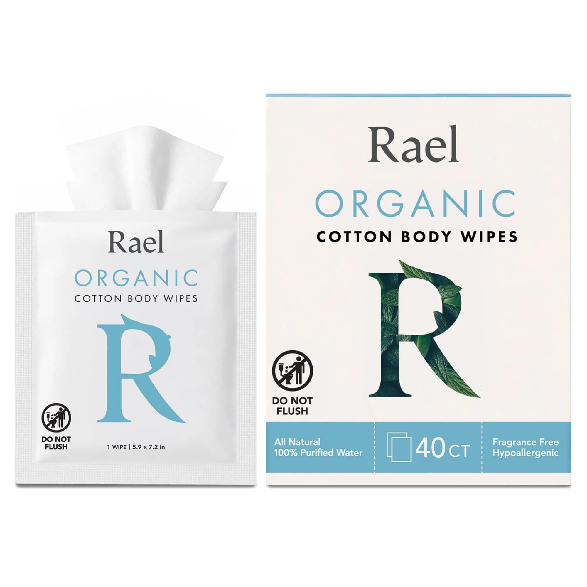 Rael Organic Cotton Wipes, Body Cloth, On-the-Go, All Skin Types (40 Ct) | Unscented, Hypoallergenic, Vegan