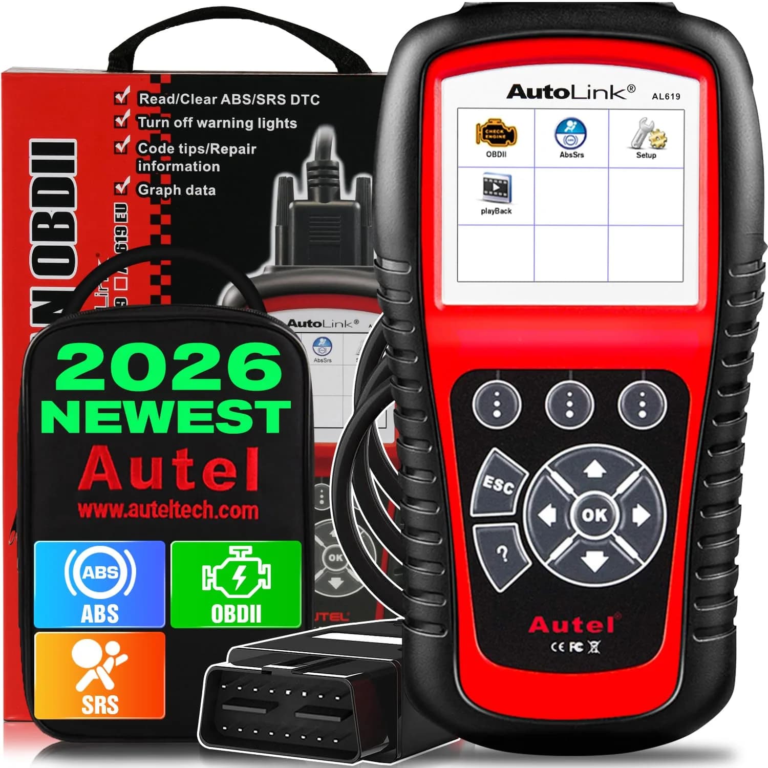 Autel AutoLink AL619 OBD2 Scanner Car ABS SRS Diagnostic Scan Tool with Live Data, 2004-2017 Vehicle Support — AL619 with ABS SRS Diagnosis