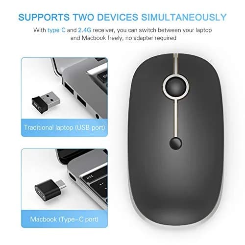 VssoPlor Type-C Wireless Mouse, Rechargeable Ergonomic Computer Mouse with USB & Type-C Receiver, Black Silver | Quiet Clicks & Adjustable DPI thumbnail 4