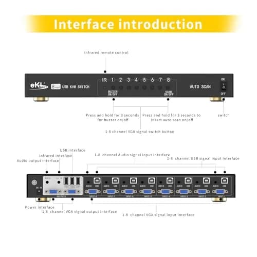 eKL 8 Port VGA KVM Switch 8x2 Support USB Audio Keyboard Mouse 1920x1440 | Share 8 Computers thumbnail 4