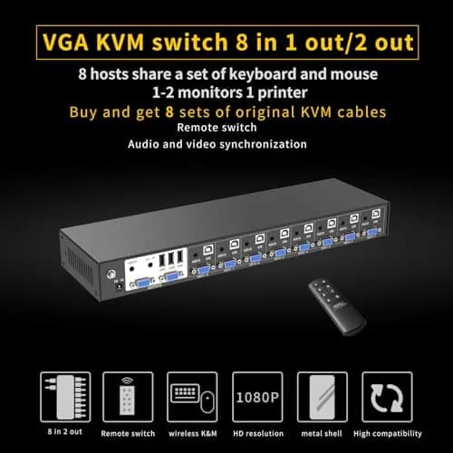 eKL 8 Port VGA KVM Switch 8x2 Support USB Audio Keyboard Mouse 1920x1440 | Share 8 Computers thumbnail 2