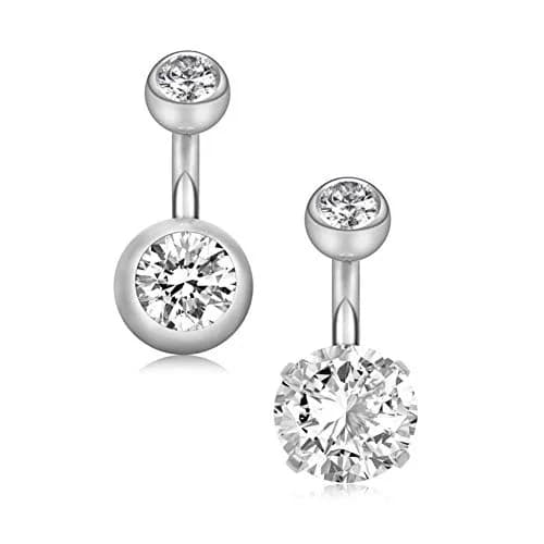 YHMM 14G Surgical Steel Belly Button Rings 10mm (0.39 inch) | 2Pcs Silver Cubic Zirconia Navel Barbell Stud thumbnail 1