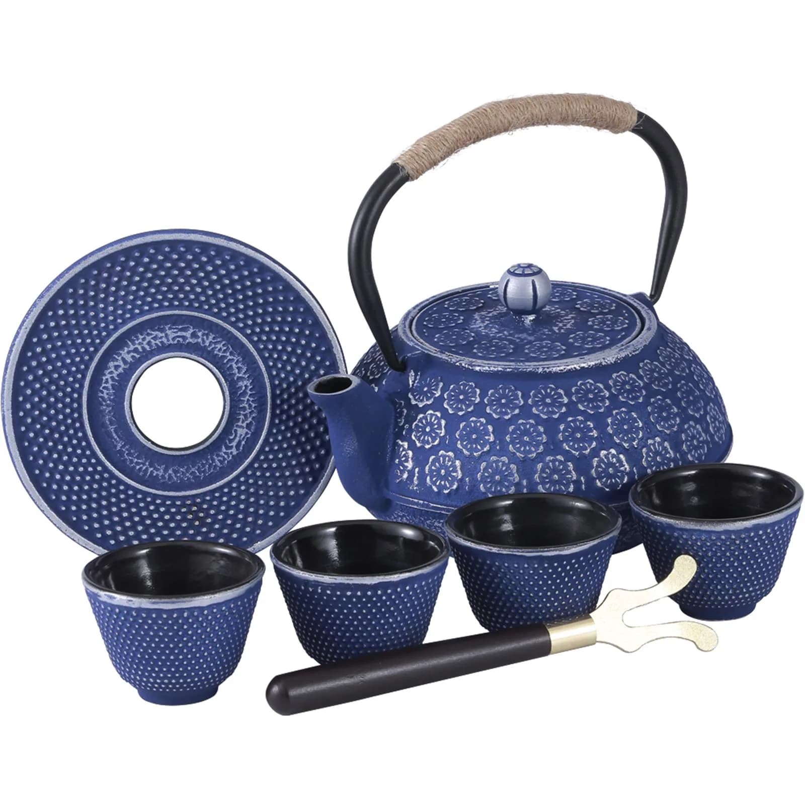 Ufine Blue Floral Cast Iron Teapot Set 28 oz | Elegant Stove-Top Tea Kettle with 4 Cups — Blue Floral