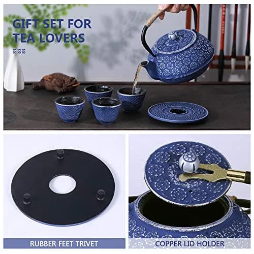 Ufine Blue Floral Cast Iron Teapot Set 28 oz | Elegant Stove-Top Tea Kettle with 4 Cups thumbnail 4