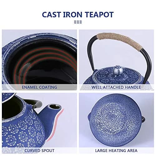 Ufine Blue Floral Cast Iron Teapot Set 28 oz | Elegant Stove-Top Tea Kettle with 4 Cups thumbnail 5
