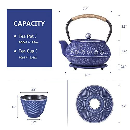Ufine Blue Floral Cast Iron Teapot Set 28 oz | Elegant Stove-Top Tea Kettle with 4 Cups thumbnail 6