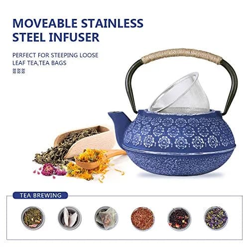 Ufine Blue Floral Cast Iron Teapot Set 28 oz | Elegant Stove-Top Tea Kettle with 4 Cups thumbnail 3