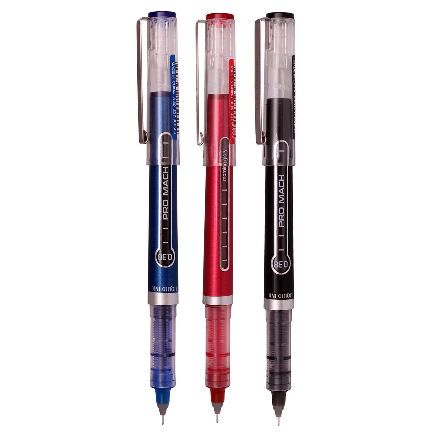 Morning Glory Pro Mach Roller Ball Pen - 0.38 mm Fine Point Tip (Pack of 3 Blue) | Smooth Ink Flow for Students & Office — Blue