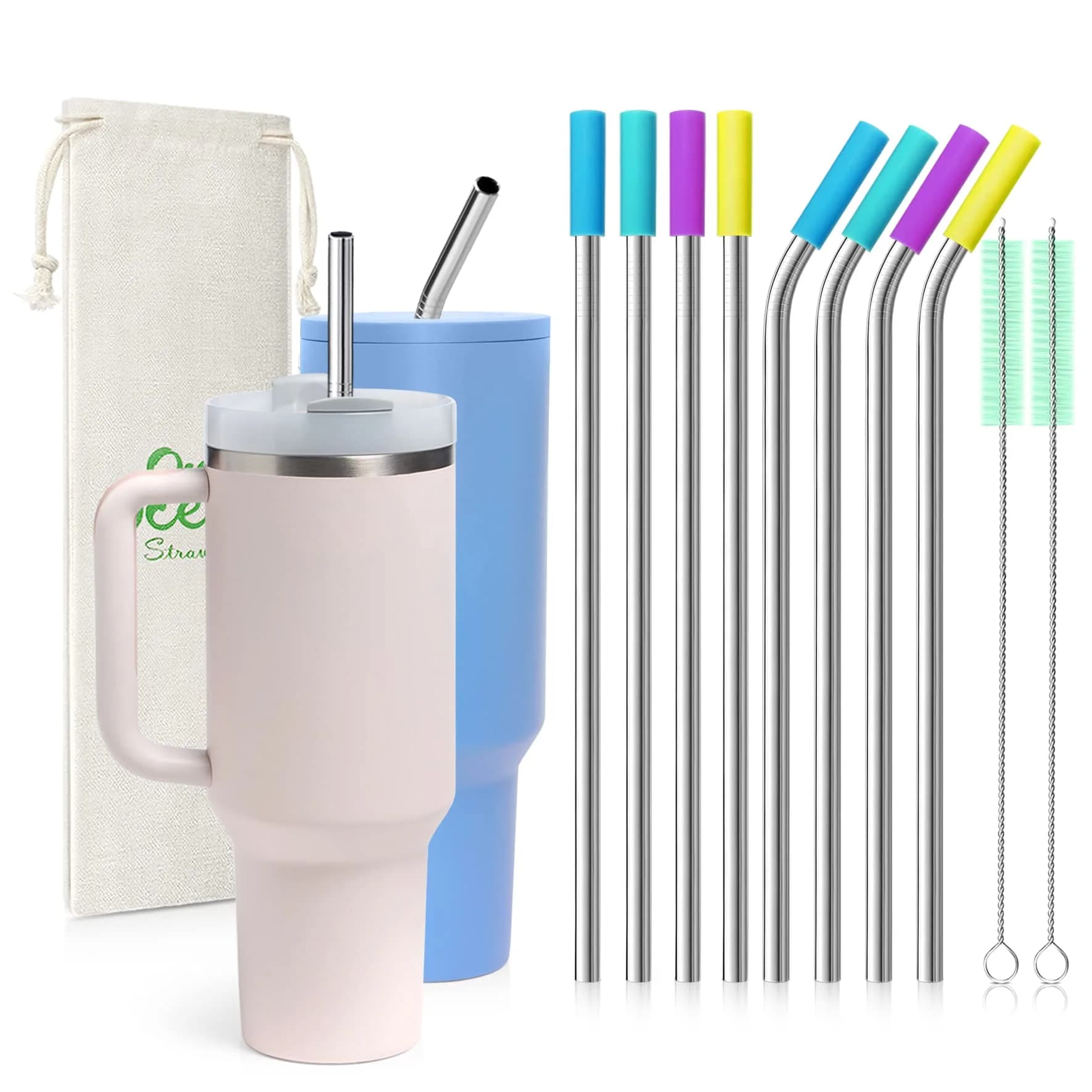 Teivio 8 Piece Stainless Steel Straws for 40 oz Tumbler | 20.3 cm (8mm) Wide Reusable Metal Drinking Straws with Silicone Tips & Cleaning Brush - main product image