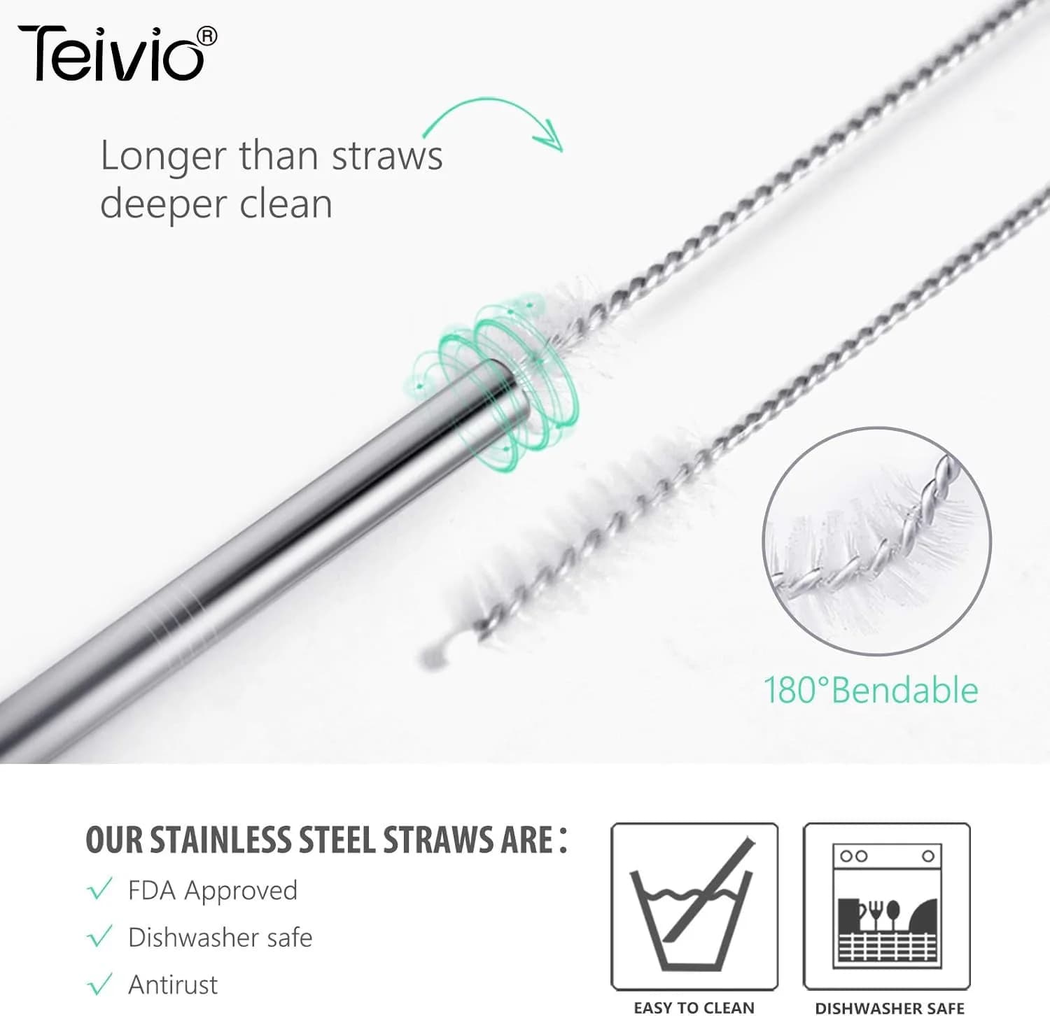 Teivio 8 Piece Stainless Steel Straws for 40 oz Tumbler | 20.3 cm (8mm) Wide Reusable Metal Drinking Straws with Silicone Tips & Cleaning Brush - view 5