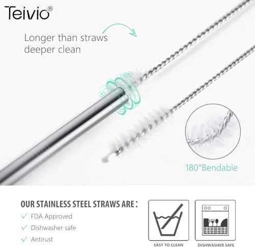 Teivio 8 Piece Stainless Steel Straws for 40 oz Tumbler | 20.3 cm (8mm) Wide Reusable Metal Drinking Straws with Silicone Tips & Cleaning Brush thumbnail 5