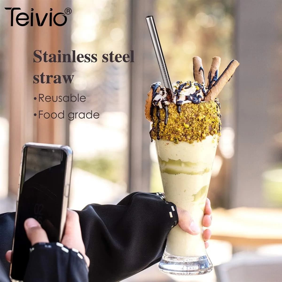 Teivio 8 Piece Stainless Steel Straws for 40 oz Tumbler | 20.3 cm (8mm) Wide Reusable Metal Drinking Straws with Silicone Tips & Cleaning Brush - view 6
