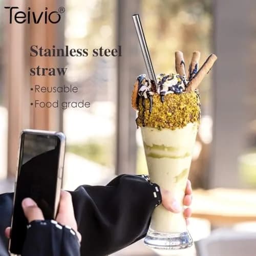 Teivio 8 Piece Stainless Steel Straws for 40 oz Tumbler | 20.3 cm (8mm) Wide Reusable Metal Drinking Straws with Silicone Tips & Cleaning Brush thumbnail 6