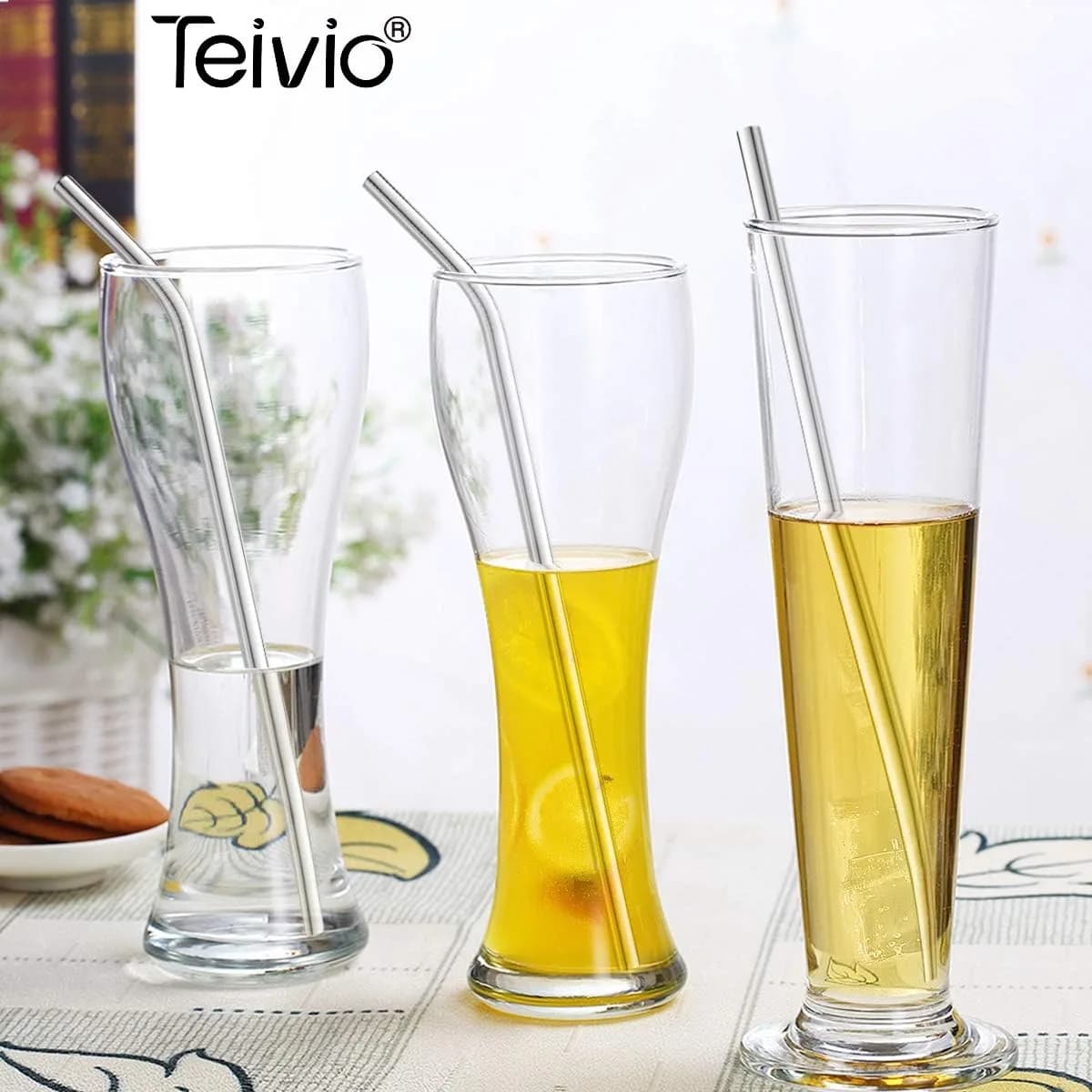 Teivio 8 Piece Stainless Steel Straws for 40 oz Tumbler | 20.3 cm (8mm) Wide Reusable Metal Drinking Straws with Silicone Tips & Cleaning Brush - view 8