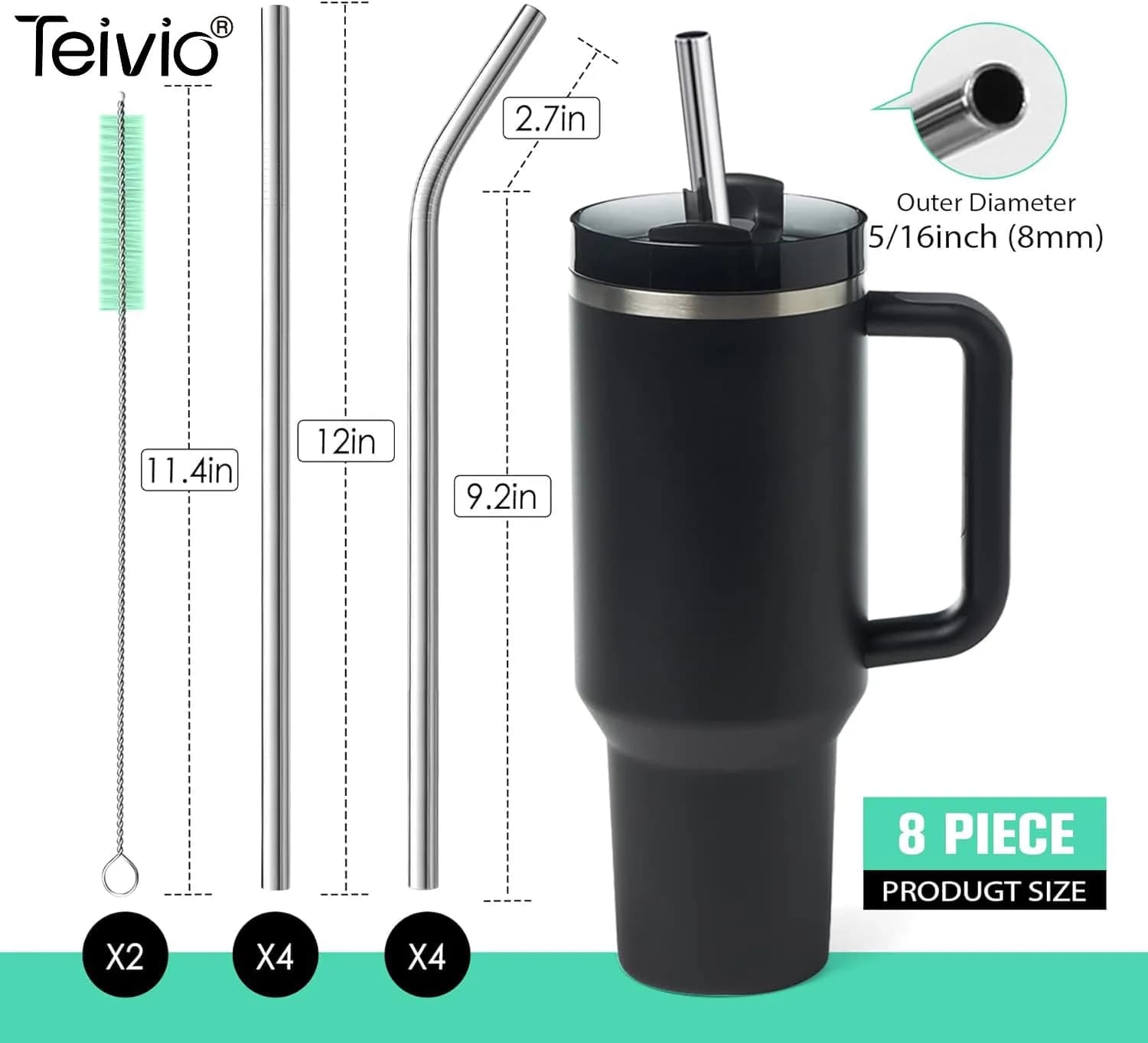 Teivio 8 Piece Stainless Steel Straws for 40 oz Tumbler | 20.3 cm (8mm) Wide Reusable Metal Drinking Straws with Silicone Tips & Cleaning Brush - view 3